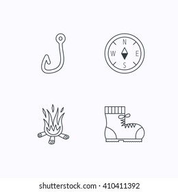 Fishing hook, compass and hiking boots icons. Bonfire linear sign. Flat linear icons on white background. Vector