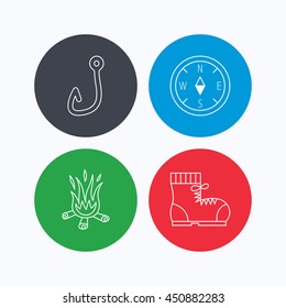 Fishing hook, compass and hiking boots icons. Bonfire linear sign. Linear icons on colored buttons. Flat web symbols. Vector