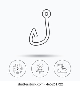 Fishing hook, compass and hiking boots icons. Bonfire linear sign. Linear icons in circle buttons. Flat web symbols. Vector