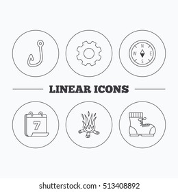 Fishing hook, compass and hiking boots icons. Bonfire linear sign. Flat cogwheel and calendar symbols. Linear icons in circle buttons. Vector