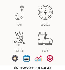 Fishing hook, compass and hiking boots icons. Bonfire linear sign. Calendar, Graph chart and Cogwheel signs. Download colored web icon. Vector