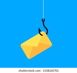 Fishing Hook With Email. Fishing Fraud With Mail Envelope Icon. Phishing Hack Of Account And Security Password. Scam Concept In Flat. Message Forgery. Vector. Fish Data Cyber Protection.