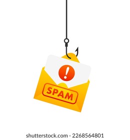 Fishing hook with email. Fishing fraud with mail envelope icon. Phishing hack of account and security password. Scam concept in flat. Danger error alerts, virus problem. Vector illustration