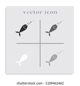 Fishing hook and fish flat black and white vector icon.