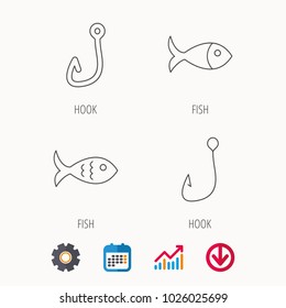 Fishing hook and fish icons. Fish linear sign. Calendar, Graph chart and Cogwheel signs. Download colored web icon. Vector