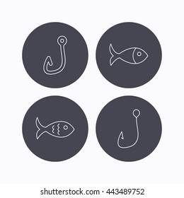 Fishing hook and fish icons. Fish linear sign. Flat icons in circle buttons on white background. Vector