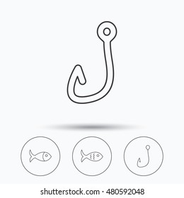 Fishing hook and fish icons. Fish linear sign. Linear icons in circle buttons. Flat web symbols. Vector