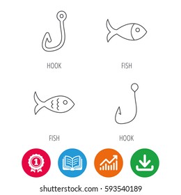 Fishing hook and fish icons. Fish linear sign. Award medal, growth chart and opened book web icons. Download arrow. Vector