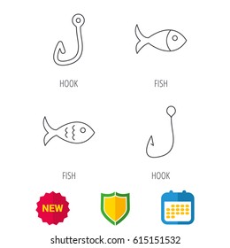 Fishing hook and fish icons. Fish linear sign. Shield protection, calendar and new tag web icons. Vector