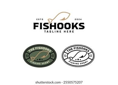 Gancho de pesca con diseño de logotipo minimalista en forma de pez Cebo de pesca con diseño de elemento de forma de minnow Gancho dorado con logotipo de ilustración de icono de arte de línea de pescado para club deportivo de billar y torneo