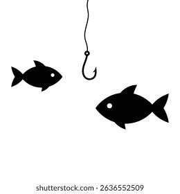 Fishing hook and fish vector icon. Angling, fishing bait, catch symbol. Black silhouette illustration isolated on white background.