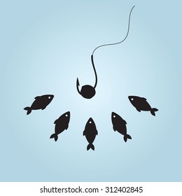 Fishing hook and fish. Vector illustration.