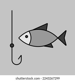 Fishing hook with fish vector isolated grayscale icon. Camping and Hiking sign. Graph symbol for travel and tourism web site and apps design, logo, app, UI