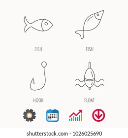 Fishing hook and float icons. Fish linear sign. Calendar, Graph chart and Cogwheel signs. Download colored web icon. Vector