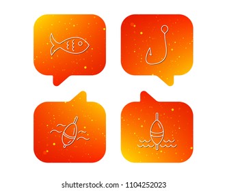 Fishing hook and float icons. Fish linear sign. Orange Speech bubbles with icons set. Soft color gradient chat symbols. Vector