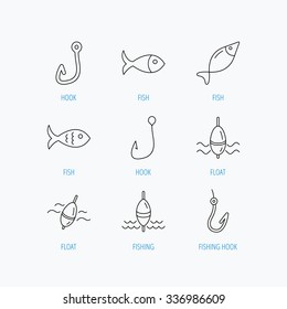 Fishing hook and float icons. Fish, waves linear signs. Linear set icons on white background.