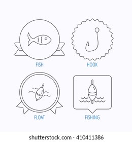 Fishing hook and float icons. Fish linear sign. Award medal, star label and speech bubble designs. Vector