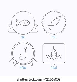 Fishing hook and float icons. Fish linear sign. Award medal, star label and speech bubble designs. Vector