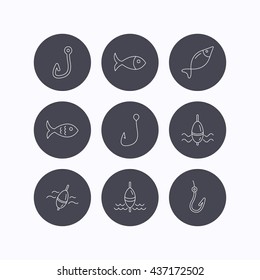 Fishing hook and float icons. Fish, waves linear signs. Flat icons in circle buttons on white background. Vector