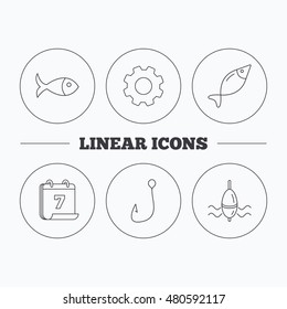 Fishing hook and float icons. Fish linear sign. Flat cogwheel and calendar symbols. Linear icons in circle buttons. Vector
