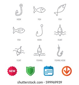 Fishing hook and float icons. Fish, waves linear signs. New tag, shield and calendar web icons. Download arrow. Vector