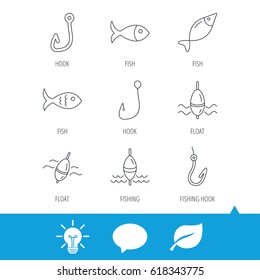 Fishing hook and float icons. Fish, waves linear signs. Light bulb, speech bubble and leaf web icons. Vector