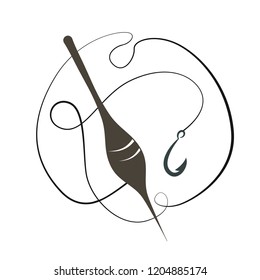 Fishing hook with float. Vector illustration. Black icon and white background.