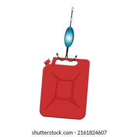 A fishing hook and a fuel canister. A metaphor. Dependence on fuel resources. Crisis. vector illustration.