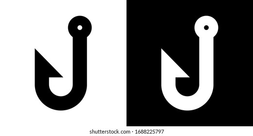 Fishing Hook. Glyph Icon in White and Black Version.