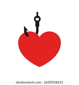 Gancho de pesca con cebo en forma de corazón. El corazón está colgando de un gancho. Vector Clipart y dibujo. Ilustración aislada sobre fondo blanco.