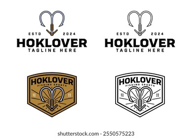 gancho de pesca com coração em forma de logotipo design conjunto. amor em forma de pesca isca vetor design elemento. gancho de pesca com cordão, coração em forma de ilustração logotipo para pesca esporte, pesca, pescador