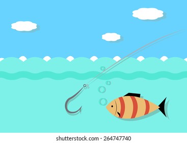 Fishing hook hooking fish, vector illustration in the style flat