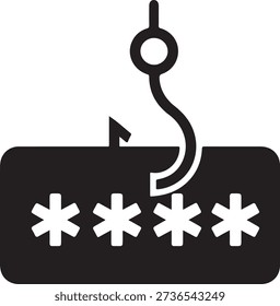 A fishing hook icon with asterisks representing hidden or masked information. isolated on white background, illustration