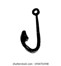 Fishing hook icon. Black ink sketch drawing. Side view. Vector flat simple graphic hand drawn illustration. The isolated object on a white background. Isolate.