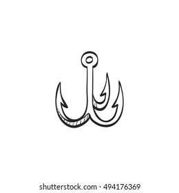 Fishing hook icon in doodle sketch lines. Sport leisure water sea fisherman