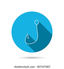 Fishing hook icon. Fisherman equipment sign. Angling symbol. Blue flat circle button with shadow. Vector