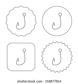 Fishing hook icon. Fisherman equipment sign. Angling symbol. Flat circle, star and emblem buttons. Labels design. Vector