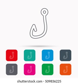 Fishing hook icon. Fisherman equipment sign. Angling symbol. Linear icons in squares on white background. Flat web symbols. Vector