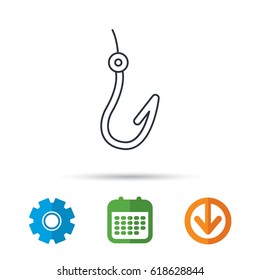 Fishing hook icon. Fisherman equipment sign. Calendar, cogwheel and download arrow signs. Colored flat web icons. Vector
