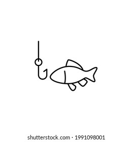 Icono de pesca y gancho en estilo de línea negra plana, aislado en fondo blanco 