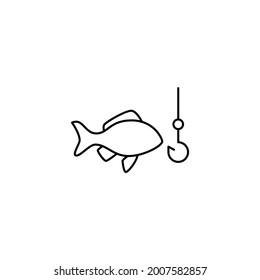 Fishing and hook icon in flat black line style, isolated on white background 