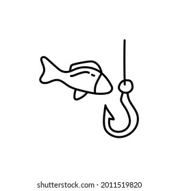 Fishing and hook icon in flat black line style, isolated on white background 