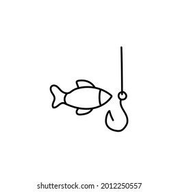 Fishing and hook icon in flat black line style, isolated on white background 