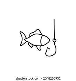 Fishing and hook icon in flat black line style, isolated on white background 