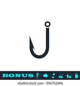 Fishing hook icon flat. Black pictogram on white background. Vector illustration symbol and bonus button