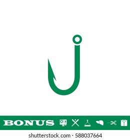 Fishing hook icon flat. Green pictogram on white background. Vector illustration symbol and bonus button