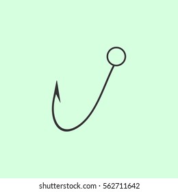 Fishing hook icon flat. Grey vector symbol on green background
