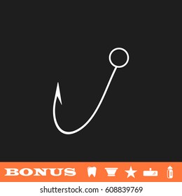 Fishing hook icon flat. White pictogram on black background. Vector illustration symbol and bonus button tooth, vase, star, mirror, bottle