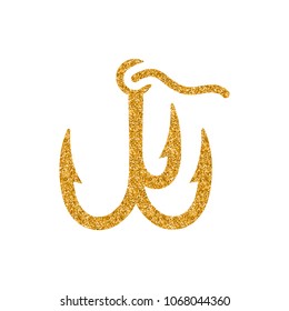 Fishing hook icon in gold glitter texture. Sparkle luxury style vector illustration.
