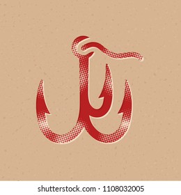 Fishing hook icon in halftone style. Grunge background vector illustration.